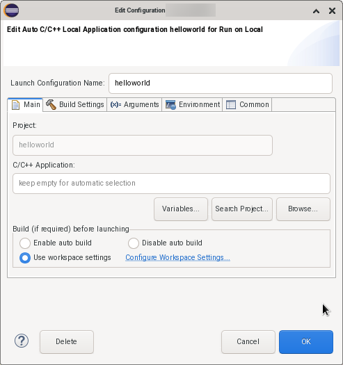 Launch configuration main tab