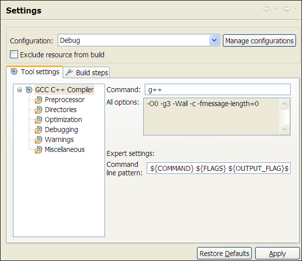C/C++ File Properties, Build, Settings, Tool Settings tab