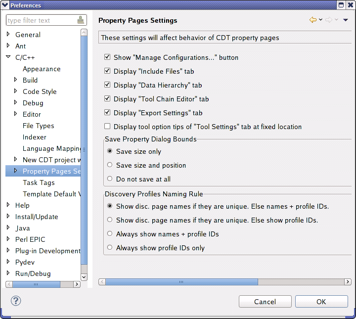 Property Pages Settings Preference Panel