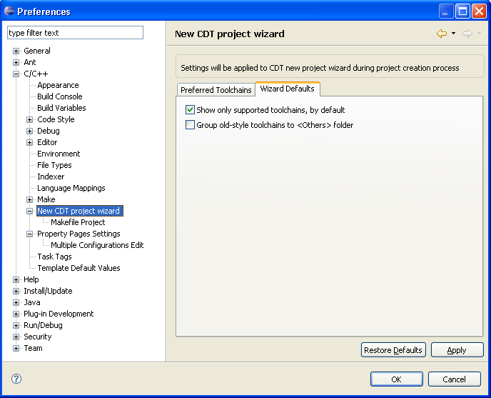 CDT Project Wizard Defaults preferences tab