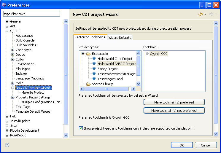 CDT Project Wizard Toolchains preferences tab