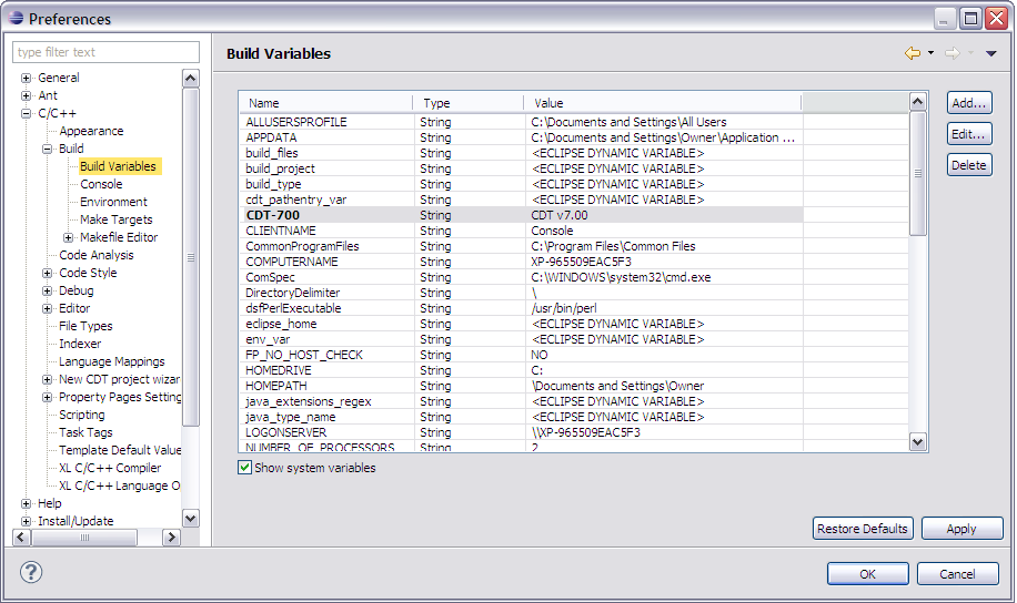 Build Variables Preferences Page