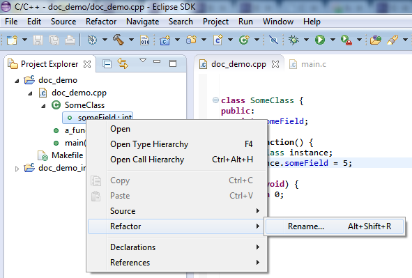 Project Explorer context menu Refactor > Rename command
