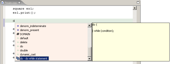 C++ example showing Code Assist popup
