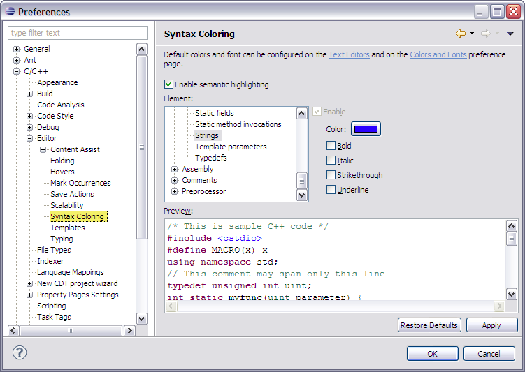 Syntax Coloring Preferences Page