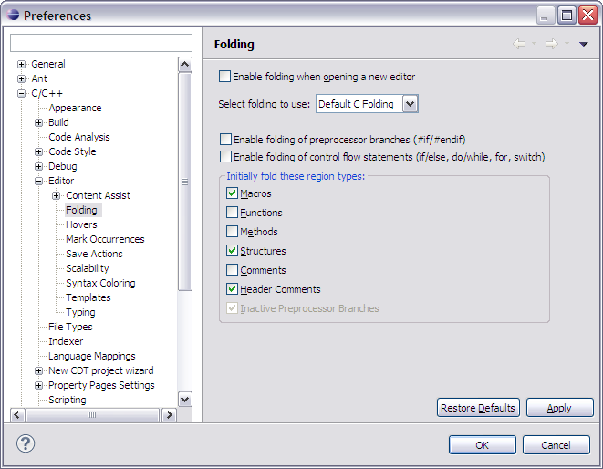 Editor Folding Preferences Window