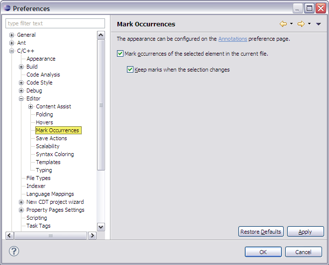 Mark Occurrences Preference Panel
