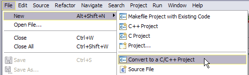 File New Menu showing Convert to a C/C++ Project