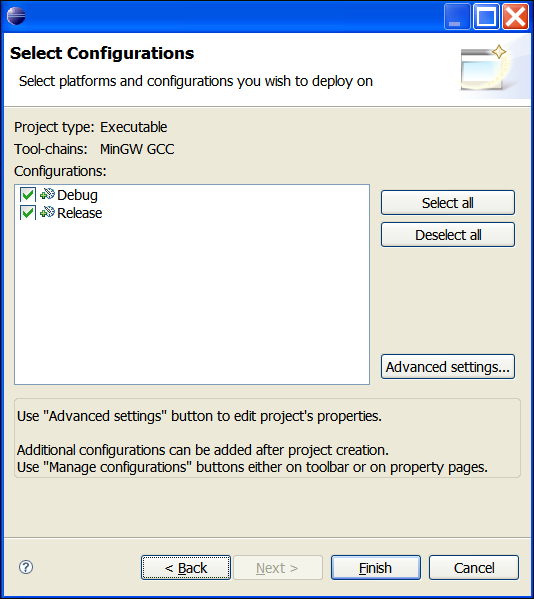 New Project Wizard, Select configurations