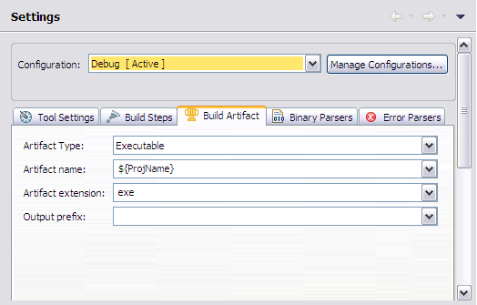 C/C++ Properties, Build, Settings, Build Artifact tab