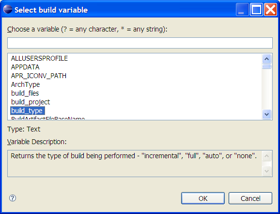 C/C++ Project Properties, C/C++ Build, Select build variable