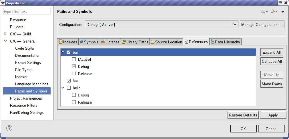 C/C++ Project, Paths and Symbols, Project References