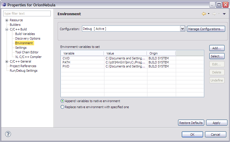 C/C++ Project Properties, Environment