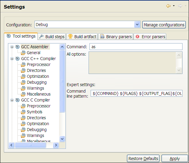 C/C++ Project Properties, Build, Settings, Tool Settings tab