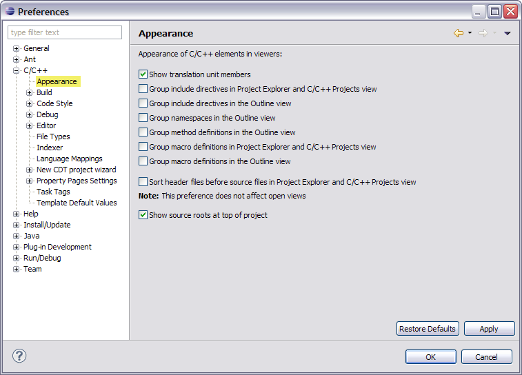Screen Capture of the C/C++ Appearance Preferences dialog box