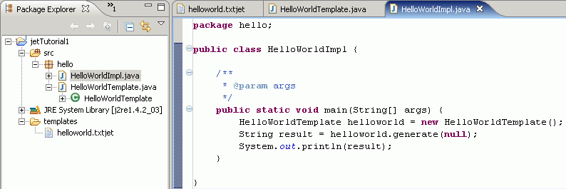 Class HelloWorldImpl with sample main method