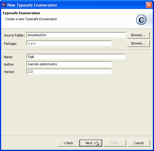 GUI wizard page one: class, package and location of the typesafe enum