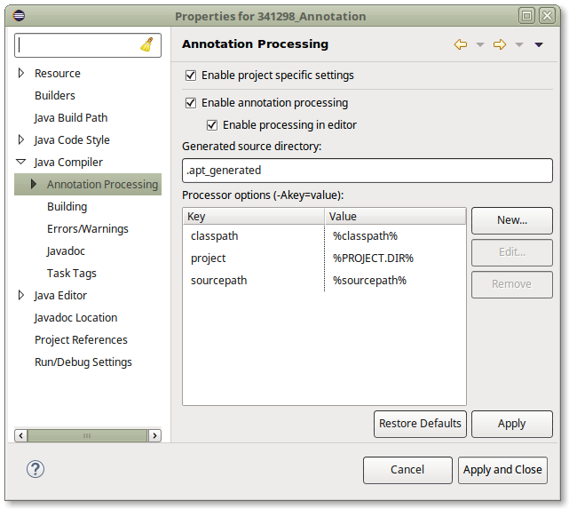 Screenshot of Annotation Processing properties page