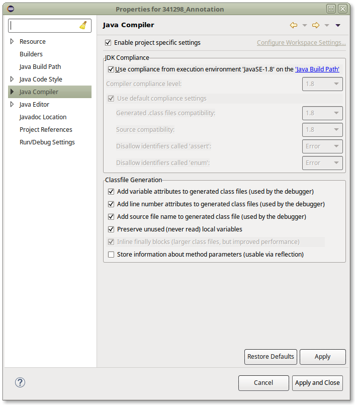 Screenshot of Compiler preference page