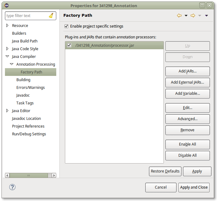 Screenshot of Factory Path properties page