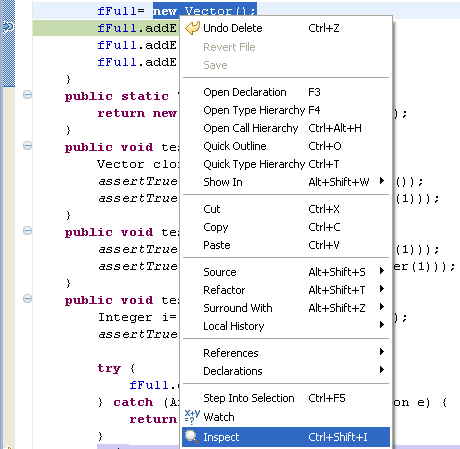 VectorTest.java editor with selected breakpoint line showing context menu