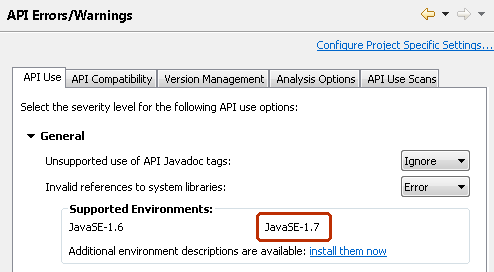 The API Errors/Warnings preference page showing the new Java 7 EE description