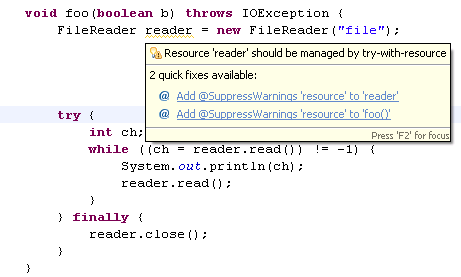 Compiler warning for a resource that should be managed with try-with-resource