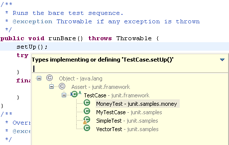 Quicktype dialog showing types that implement setUp()