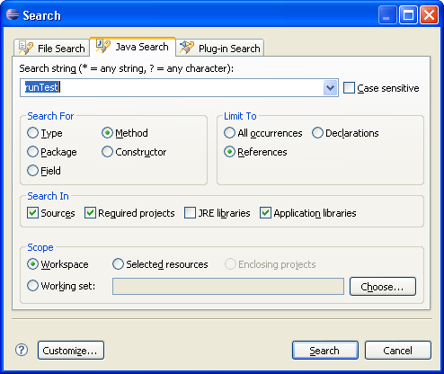 Java Search dialog
