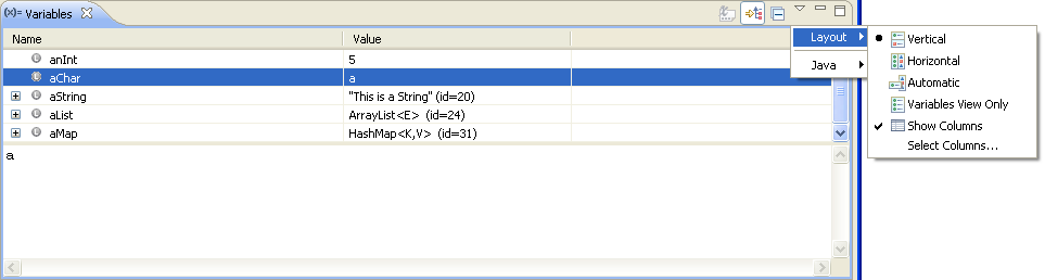 View Layout Menu