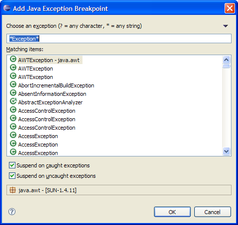 Add Exception Breakpoint Dialog