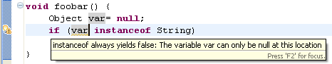 Redundant null check example (instanceof always false)