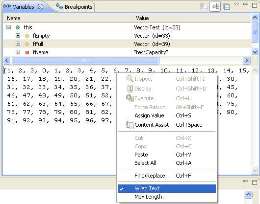 Word wrap action in Variables view drop-down menu