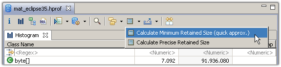 Select calculate retained sizes from the tool bar