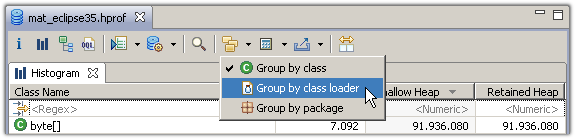 Group the histogram by class loader or package via the tool bar