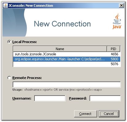 JConsole dialog to open a connection to a Virtual Machine.