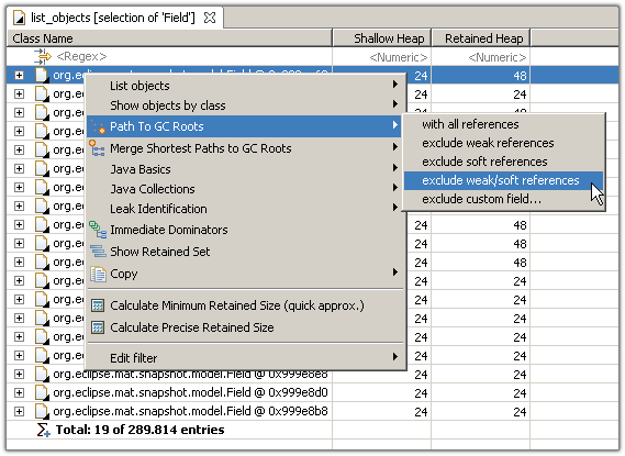 Select path to GC roots from the context menu