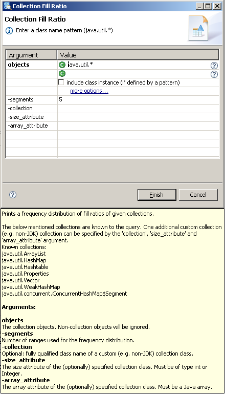 Argument wizard for Collection Fill Ratio query, showing help information
