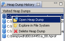Heap Dump History and context menu on a heap dump.
