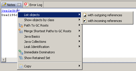 Notes view showing object address and context menu.