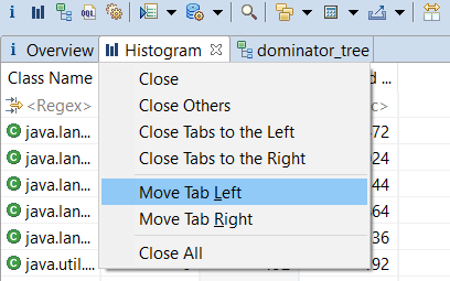 Editor tab context menu showing move tab left and move tab right.