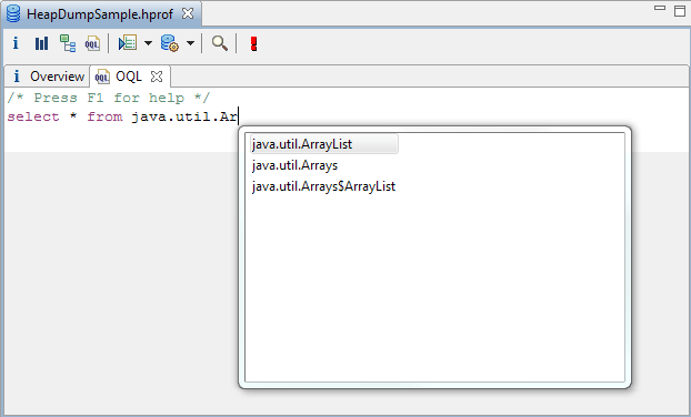 OQL completion showing a list of possible classes.