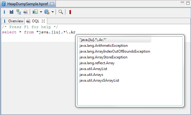 OQL completion showing a list of possible classes via a regular expression.
