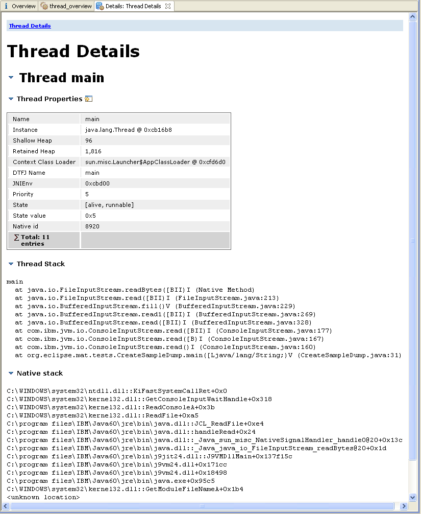 Thread details from a DTFJ dump showing DTFJ Name, JNIEnv, Priority, State and Native id.