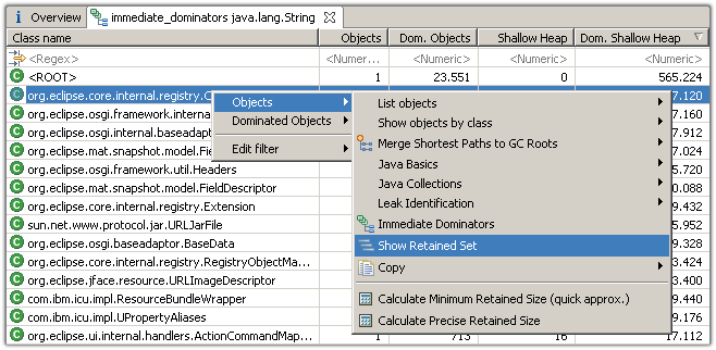 Context menu available in the immediate dominator table.