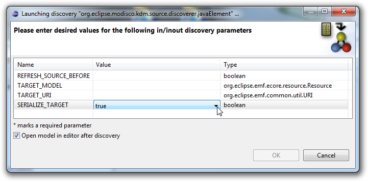 KDM discoverer parameters dialog