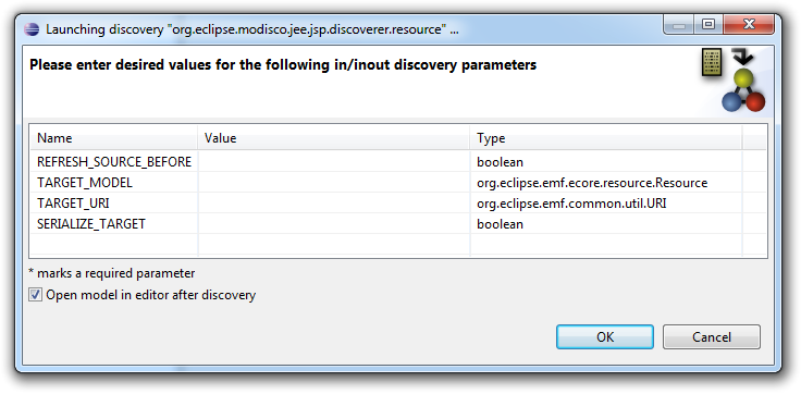 JSP discoverer parameters dialog