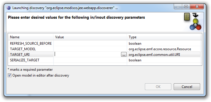 Web XML discoverer parameters dialog