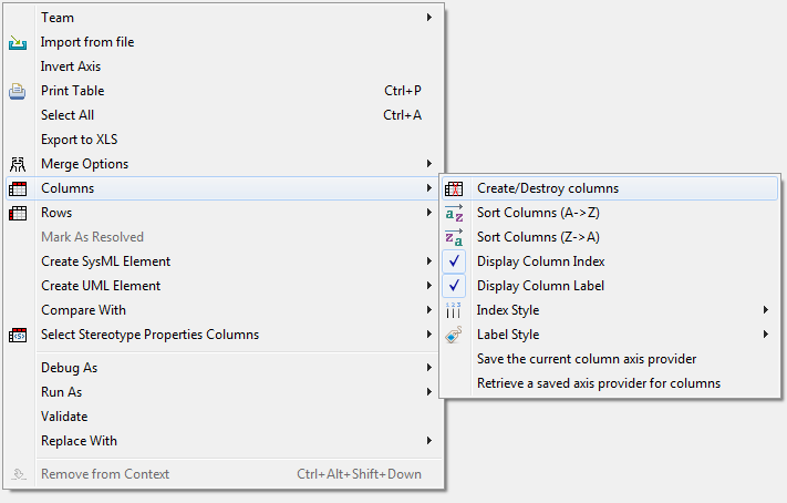 Menu to Create/Destroy Columns