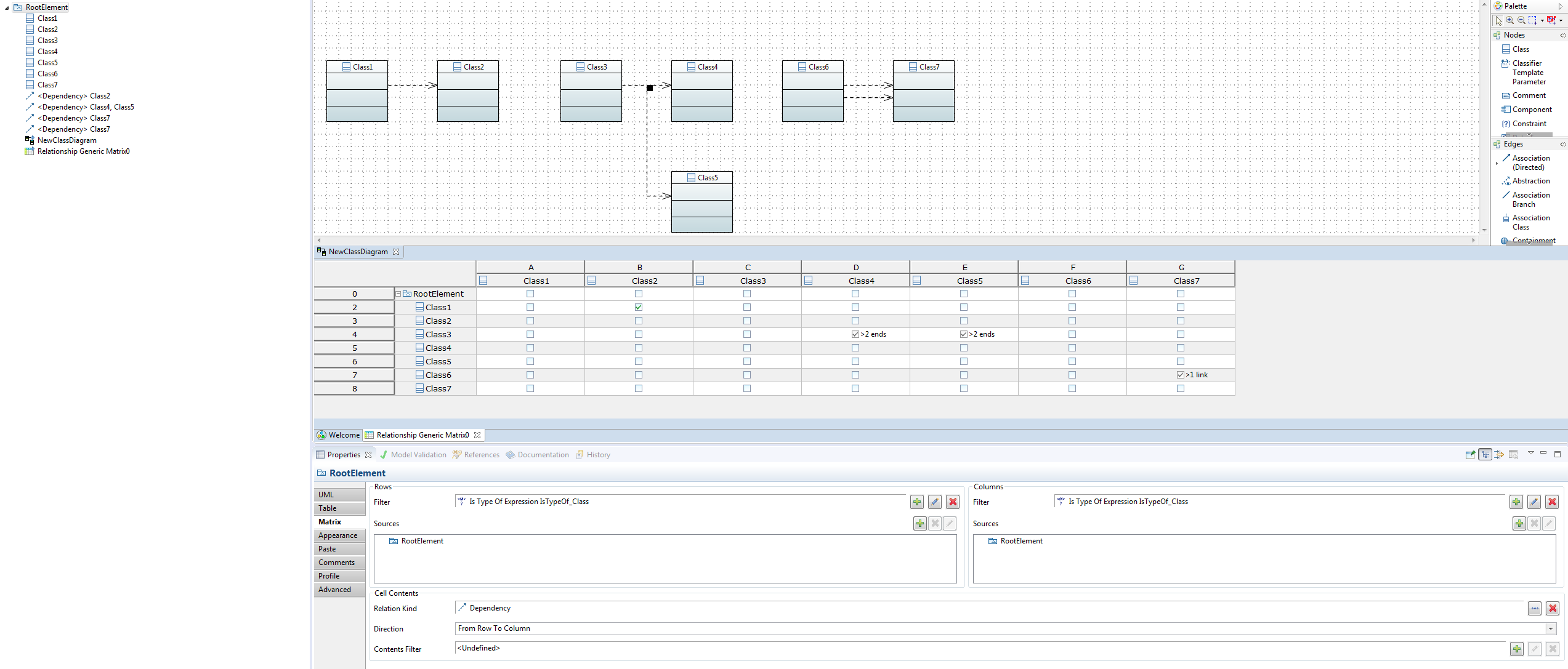 The resulting matrix, for a small model, with its configuration displayed in the Property View